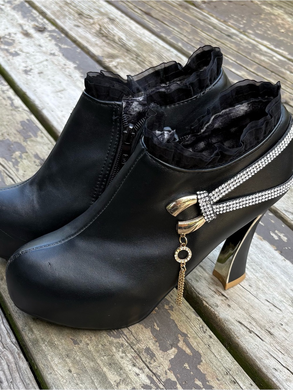 Black Rhinestone-Trim Heeled Booties with Gold Accent EU size 39